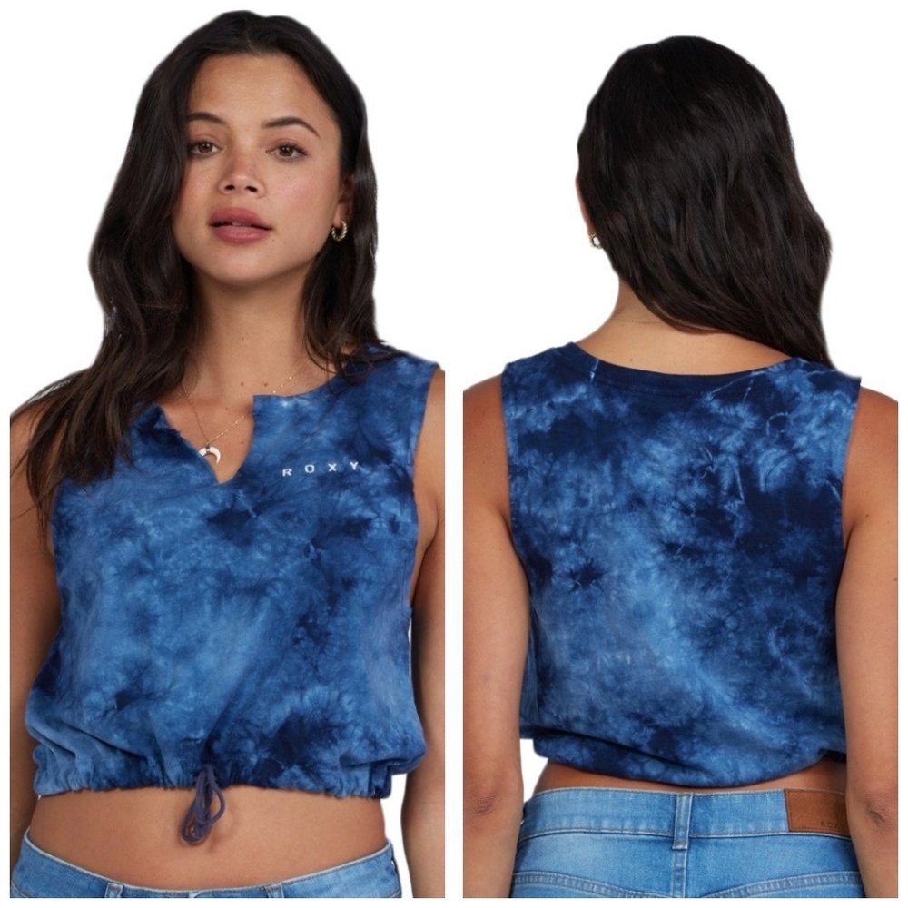 🔥 (5for$35) ROXY Sleeveless Crop Top Slit Crew Neck Blue Tie Dye Cinched Waist